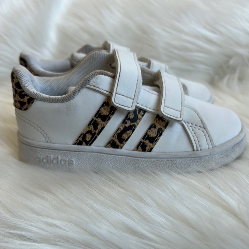 Kids Adidas White and Tan Velcro Sneakers with Leopard Print